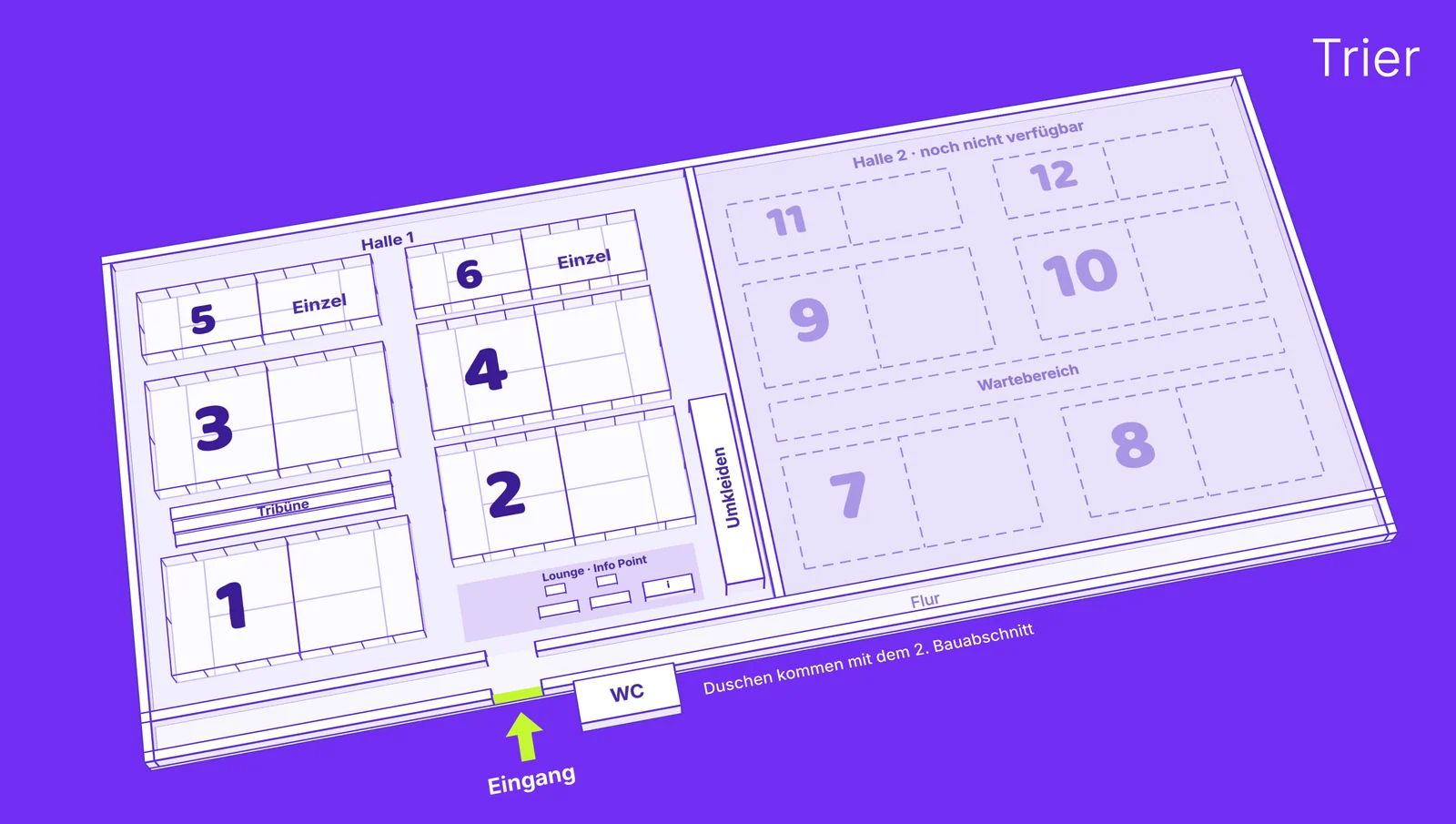 3D-Plan der Halle Trier: Halle 1 mit Court 1 bis 6, Court 5 und 6 sind Einzelcourts. Die Umkleiden liegen rechts neben Court 2, der Eingang vorne bei Lounge und Info Point. Halle 2 mit Court 7 bis 12 ist noch nicht verfügbar.