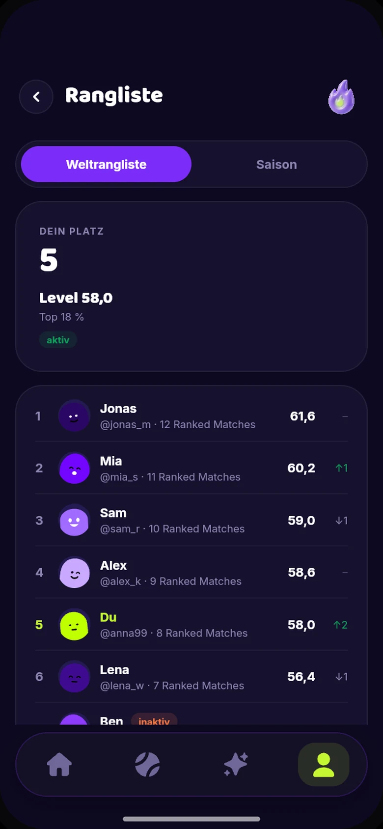 App-Vorschau: Rangliste mit Level und Ranked Matches