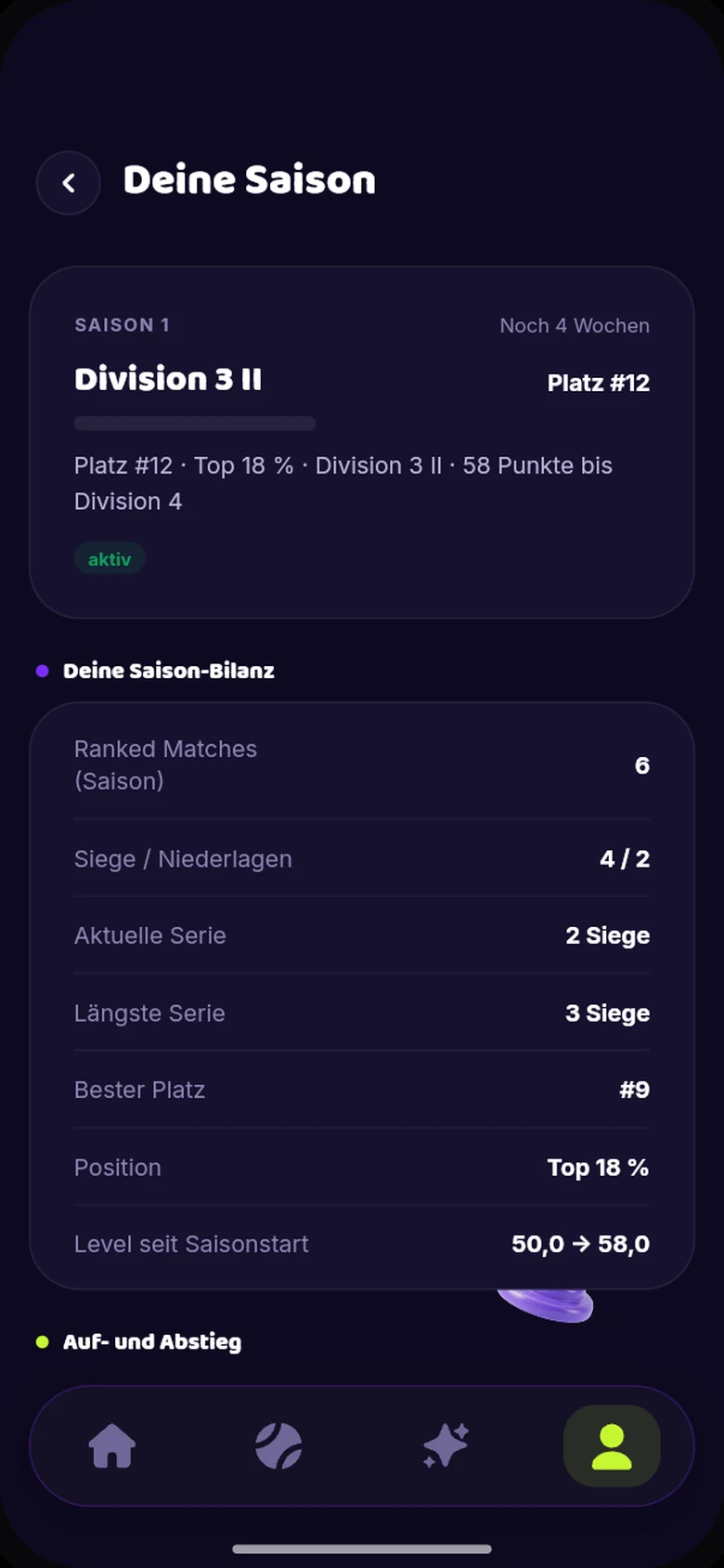 App-Vorschau: deine Saison mit Division und Bilanz