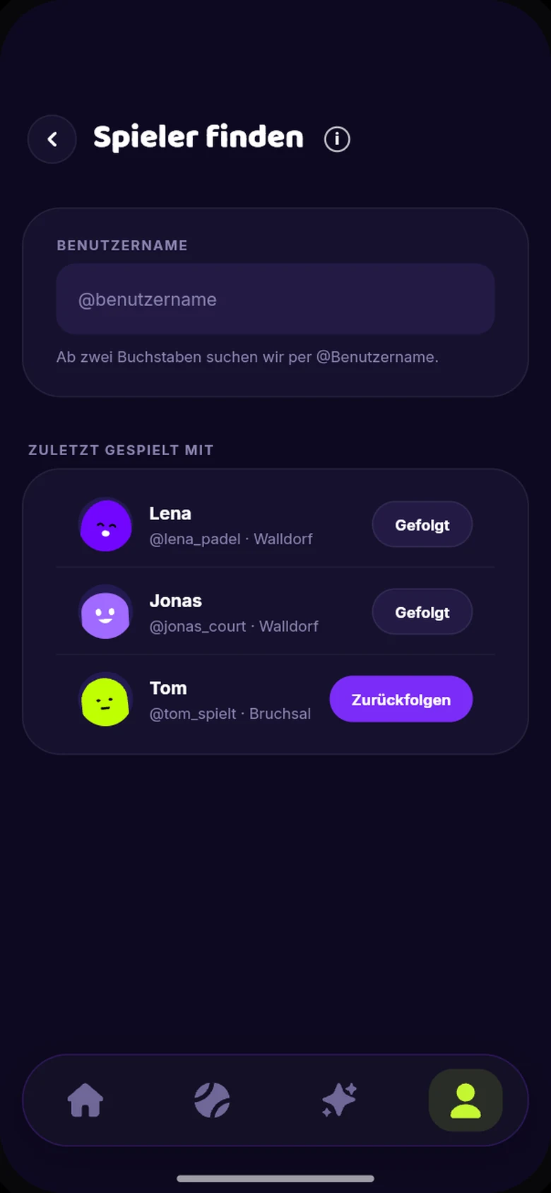 App-Vorschau: Spieler finden per @Benutzername